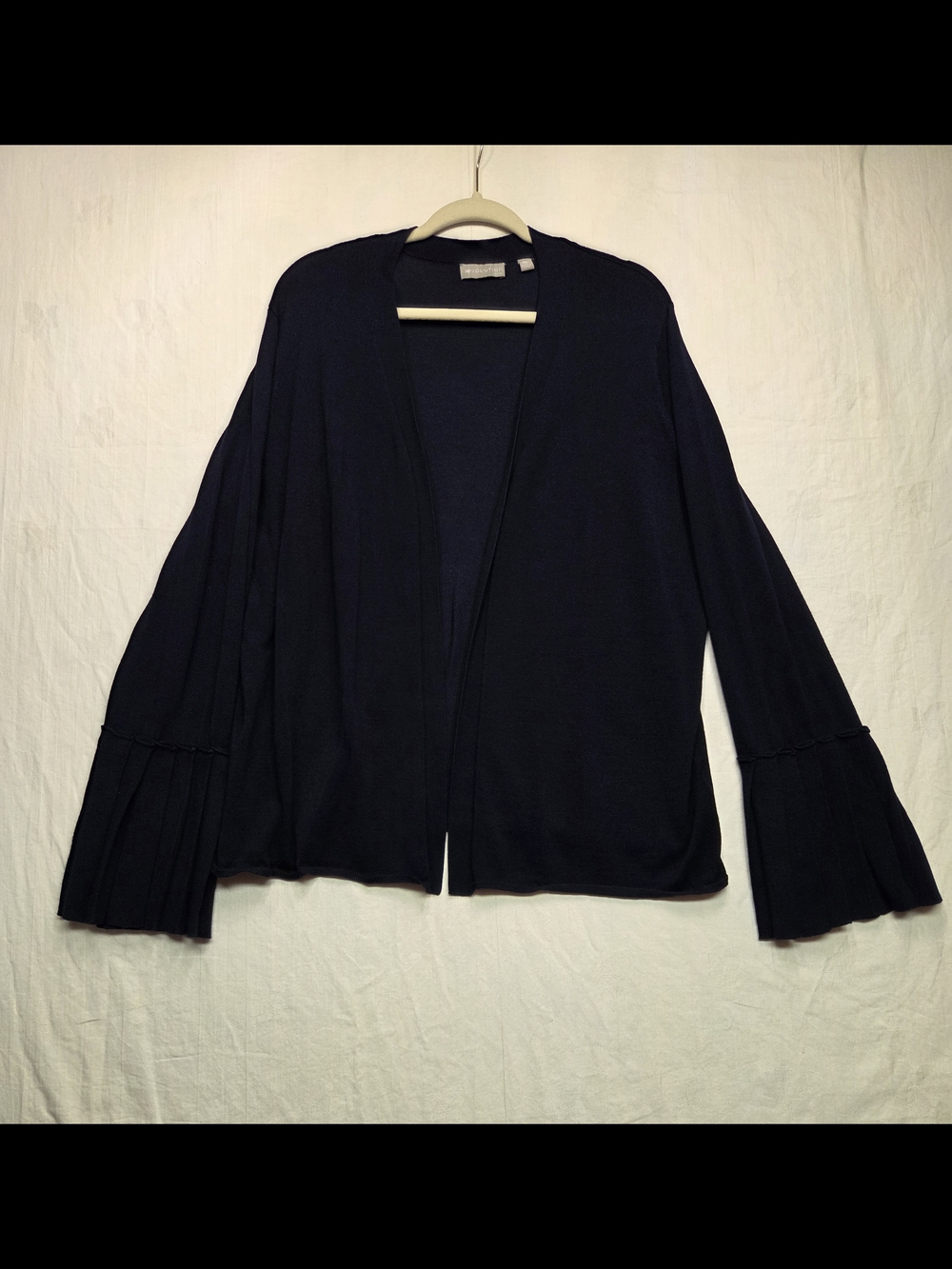 Open-Front Navy Cardigan with Pleated Bell Sleeves. Size XXL. #0098